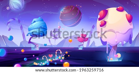 Candy planet cartoon poster with fantasy alien trees and sweets. Magic unusual nature landscape for computer game, fairy tale cosmic background with beautiful strange plants, vector web banner