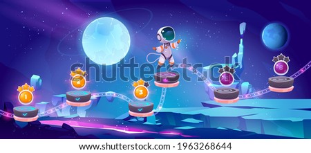 Space game, mobile arcade with astronaut jump on platforms with bonus and asset items on alien planet landscape. Cosmos, universe cartoon 2d gui futuristic adventure with cosmonaut vector illustration