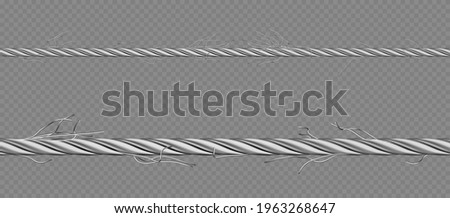 Metal cable, steel twisted twine with torn fibers. Old broken iron rope with break threads. Vector realistic border of 3d straight hawser isolated on transparent background