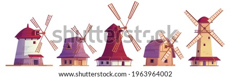 Old windmills, vintage stone and wooden wind mills. Traditional dutch farm buildings for grinding wheat grains to flour. Vector cartoon set of countryside architecture isolated on white background