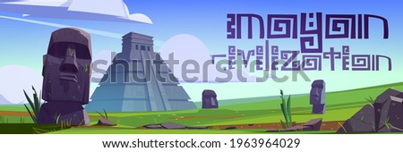 Ancient mayan pyramids and moai statues on Easter island. Vector poster with cartoon landscape with south american landmarks of Maya civilization, stone sculpture on green grass