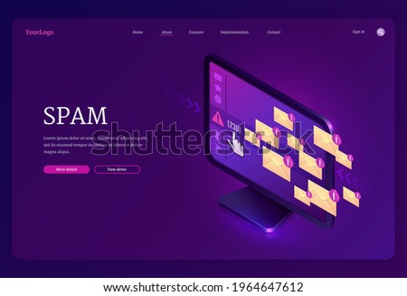 Spam banner. Concept of junk internet messages in mail box, phishing emails and advertising letters. Vector landing page with isometric computer screen with envelopes with exclamation signs
