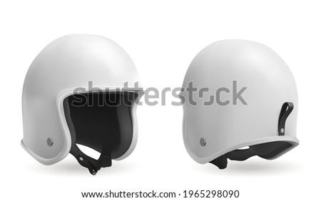 Motorcycle helmet, retro biker headwear, vintage accessory of round shape, driver hat of white glossy surface, soft black lining and belt front and back angle view, Realistic 3d vector illustration
