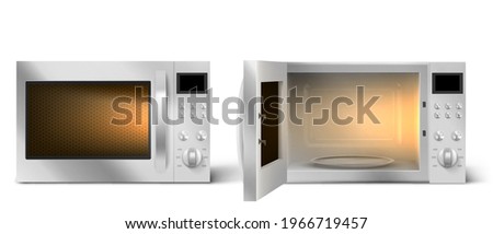 Modern microwave oven with open and closed door and lit lamp inside. Kitchen electric appliance for cooking food. Vector realistic 3d empty white microwave oven with display, buttons and glass plate