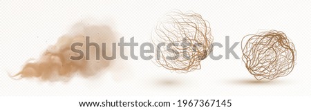 Tumbleweed, dry weed ball and brown dust clouds isolated on transparent background. Vector realistic set of flow desert sand and dead plants, rolling dry bushes, old tumble grass in prairie