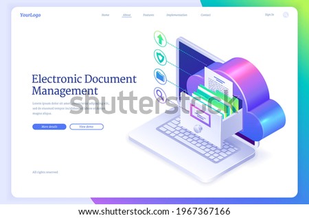 Electronic document management isometric landing page. Online paperwork storage, digital system of paper organization, manage business docs with cloud, drawer on computer screen 3d vector web banner