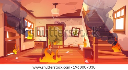 Old abandoned house on fire. Flame and black smoke clouds inside home. Vector cartoon interior of burning home hallway with dirty walls, boarded up door, garbage, broken wooden staircase and floor