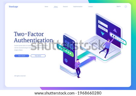 Two-factor authentication banner. Concept of verification identity by password and security code in sms. Vector landing page of multi authentication with isometric people, laptop and smartphone