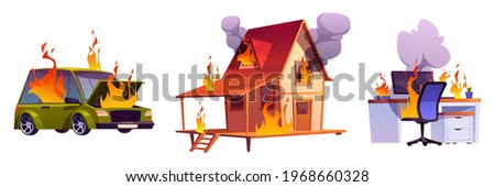 House on fire, burning car and computer on table. Objects with flame and clouds of black smoke isolated on white background. Concept of disaster, accident, danger. Vector cartoon set