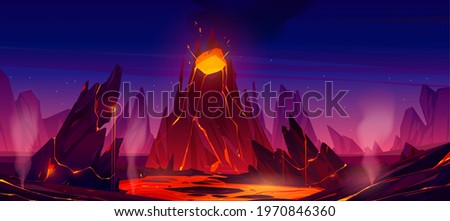 Volcano eruption with steaming magma flow down from volcanic mouth. Nature disaster, apocalypse background with glowing hot liquid drain from rock under starry sky, Cartoon Vector illustration