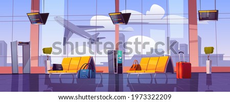Airport waiting room with airplane take off from runway window view. Empty terminal interior with chairs, luggage, security scanner and schedule display. Departure area, cartoon vector illustration