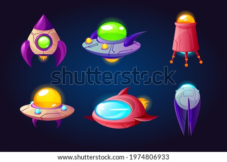 Alien space ships, ufo rockets, fantasy bizarre shuttles, computer game graphic design elements, cosmic collection of funny spaceships isolated on blue background, Cartoon vector illustration set