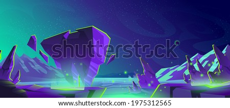 Space background with landscape of alien planet with mountains, green glow from cracks in ground. Vector cartoon fantasy illustration of planet surface, blue galaxy sky with stars and moon eclipse