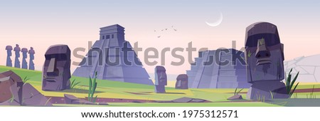 Ancient mayan pyramids and moai statues on Easter island sunrise morning landscape. South american landmarks Chichen Itza and Kukulkan temples with stone sculptures heads, Cartoon vector illustration