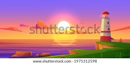 Lighthouse on sea shore at sunset, beacon building at scenery dusk view, nature ocean landscape with rocky coast under cloudy sky with flying gulls. Nautical seafarer, Cartoon vector illustration