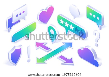 Isometric icons shield, cloud, speech bubbles and question mark, crossed arrows, rate stars, navigation pin and heart. Computer security, messenger or map application isolated 3d vector signs set