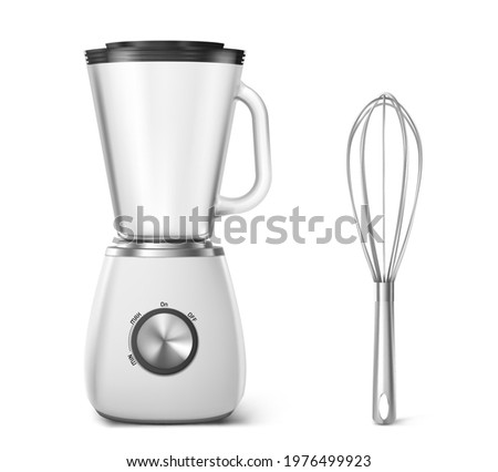 Kitchen appliances electric blender and whisk. Household equipment for cooking food, mixer with cup and turner front view, home tech and tool isolated on white background, realistic 3d vector mockup