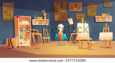 Art studio, classroom with easels, paints and brushes on shelves, bust and paintings on wall. Vector cartoon interior of artist workshop, school class with equipment for education children to draw