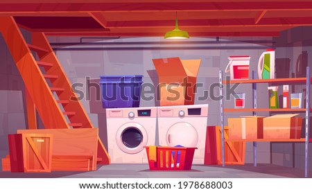 Laundry in basement, home cellar interior with washing and dryer machines, detergents on shelves, basket with dirty linen and carton boxes near wooden ladder, background, Cartoon vector illustration