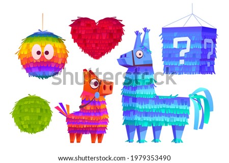 Pinata for birthday party, mexican holiday and carnival. Funny toy from crepe paper with candies or surprise inside. Vector cartoon icons of funny pinata in shape of donkey, horse, heart and ball Сток-фото © 