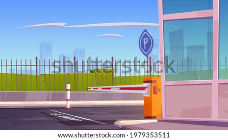 Parking security entrance with automatic car barrier, guardian booth, stop line and road sign. City guard system for automobile park, closed private area access with fence, Cartoon vector illustration