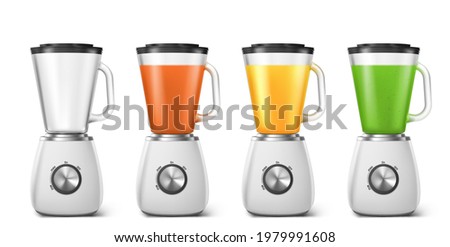 Blender, mixer for juice and smoothie. Electric kitchen machine for blend smoothie, juice and shakes. Vector realistic set of 3d juicers with empty glass jar and fresh fruit drinks