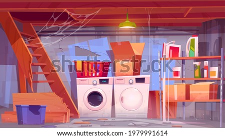 Storage room with laundry equipment in house basement. Vector cartoon interior of old home cellar with washing and dryer machine, dirty boxes on shelves, broken wooden stairs and spiderweb
