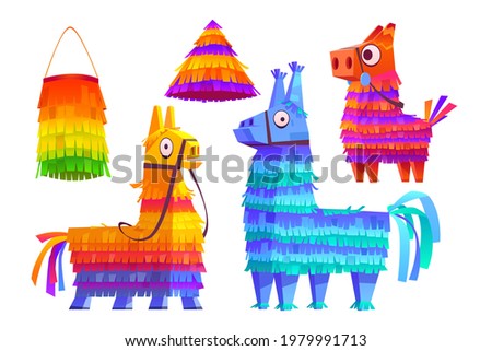 Mexican pinatas donkey and llama, colorful toys with treats for child birthday, party celebration, carnival or fiesta, cute animals paper containers for candies, Cartoon vector illustration, icons set Сток-фото © 