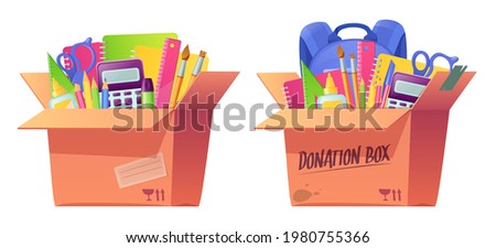 School stationery in cardboard box. Volunteering donate, charity aid for poor. Education supplies for children study. Vector cartoon donation box with backpack, notebooks, pens, pencils and rules