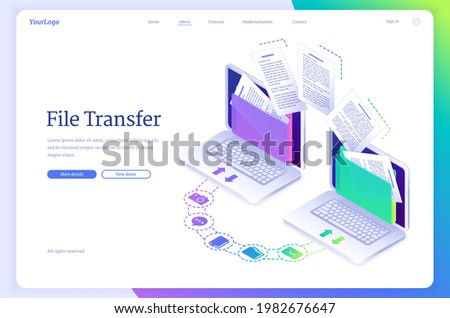 File transfer isometric landing page, digital data migration between computers. Transmission service for private information exchange, gadgets connected in computing network system, 3d vector banner
