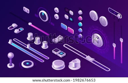 Isometric buttons, control panel interface elements for music player, dj mixer, game or mobile application. Switch on and off, joystick, equalizer, volume UI recorder app audio digital 3d vector set