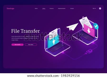 File transfer banner. Exchange data and documents between computers, digital archive and database. Vector landing page with isometric laptops with folders and files