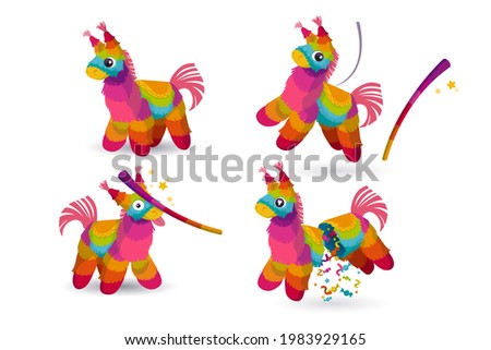 Pinata and stick for birthday party, mexican holiday and carnival. Funny toy from rainbow crepe paper with candies or surprise inside. Vector cartoon icons of funny pinata in shape of donkey Сток-фото © 
