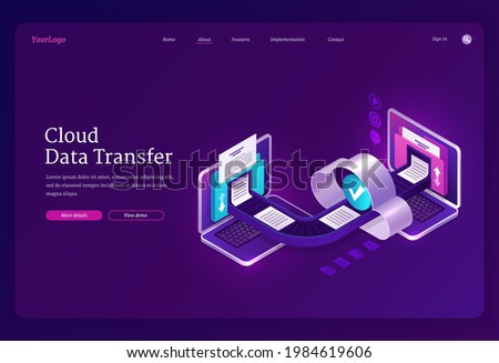 Cloud data transfer banner. Online technologies for exchange files and documents between computers, digital archive and database. Vector landing page with isometric laptops with folders and files