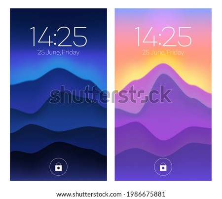 Smartphone lock screens, mobile phone onboard pages with gradient wallpaper, date, week day and time, abstract background for digital device, ui application template, user interface design mockup