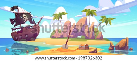 Tropical island with treasure chest and broken pirate ship. Vector cartoon sea landscape with sail boat after shipwreck with skull on black sails, palm trees and gold coins on uninhabited island