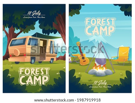 Forest camp cartoon flyers, invitation to summer camping. Rv caravan, campfire with pot and guitar on mountain view. Summertime traveling, trip, hiking outdoor activities, nature relax vector posters