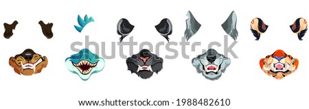 Animal face masks for social networks, selfie photo or video chat filter. Roar scary tiger, snake, rat and wolf or dog toothy muzzles and ears elements isolated on white background, cartoon vector set