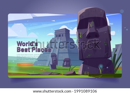 World best places cartoon landing page. Moai statues and pyramids, republic of Chile travel famous landmarks stone heads on green field of Easter Island or Rapa Nui, ancient monument vector web banner