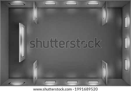 Top view of empty gallery with blank picture frames illuminated by spotlights. Vector realistic interior of museum or artwork exhibition with white posters in black frames and lamps
