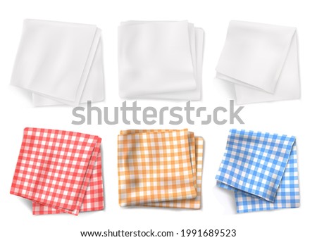 Gingham tablecloths and white kitchen towels top view. Vector realistic set of 3d folded table clothes with plaid pattern and linen napkins isolated on white background