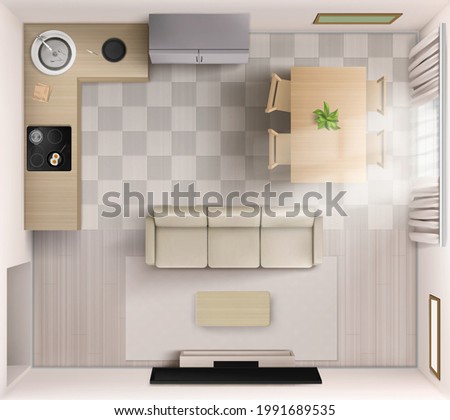 Studio room interior top view, sofa, tv and coffee table, kitchen countertop with sink and electric oven, desk and cupboard. Home, empty house, apartment with furniture. Realistic 3d vector render
