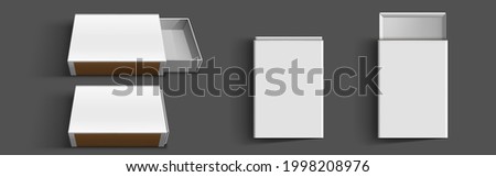 White matchbox, empty package for match sticks in top and perspective view. Vector realistic mockup of 3d blank box with sulfur side, open and closed small carton container