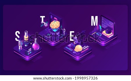 Stem isometric concept, science, technology, engineering and mathematics research. Scientific laboratory, ai robot, engineer on factory and student learn math on 3d platforms, vector illustration