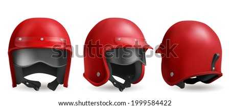 Red motorcycle helmet with glasses, retro biker headwear, vintage accessory. Driver round hat with glossy surface, soft black lining and belt front, back and angle view, Realistic 3d vector set