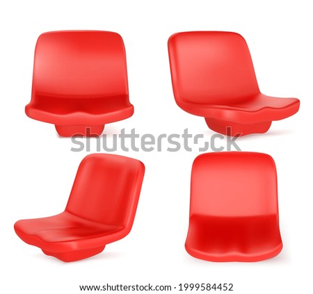 Stadium seats, red plastic chairs front and angle view. Equipment, place for visitors of outdoor competition or performance, design elements isolated on white background Realistic 3d vector mockup set