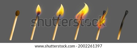 Match stick with fire in different stage of burning. Whole, ignite and burnt wooden matchstick. Vector realistic set of wood rods with yellow flame isolated on gray background