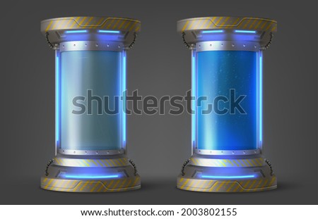 Cryonics capsules, empty and full futuristic containers, glass tubes with cryogenic liquid for hibernation. Scientific technology camera, Sci-fi laboratory equipment, Realistic 3d vector illustration
