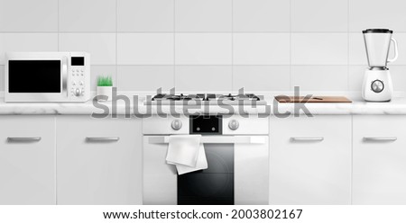 Kitchen counter top with microwave oven, gas stove, electric blender and cutting board. 3d design visualization, white table with marble countertop, cabinets and towel, Realistic vector rendering