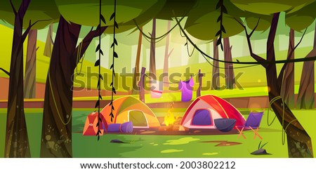 Summer camp on forest glade with tent and campfire. Vector cartoon landscape of woods or natural park with green trees and grass, camping with chair, boiler, backpack and clothesline above fire
